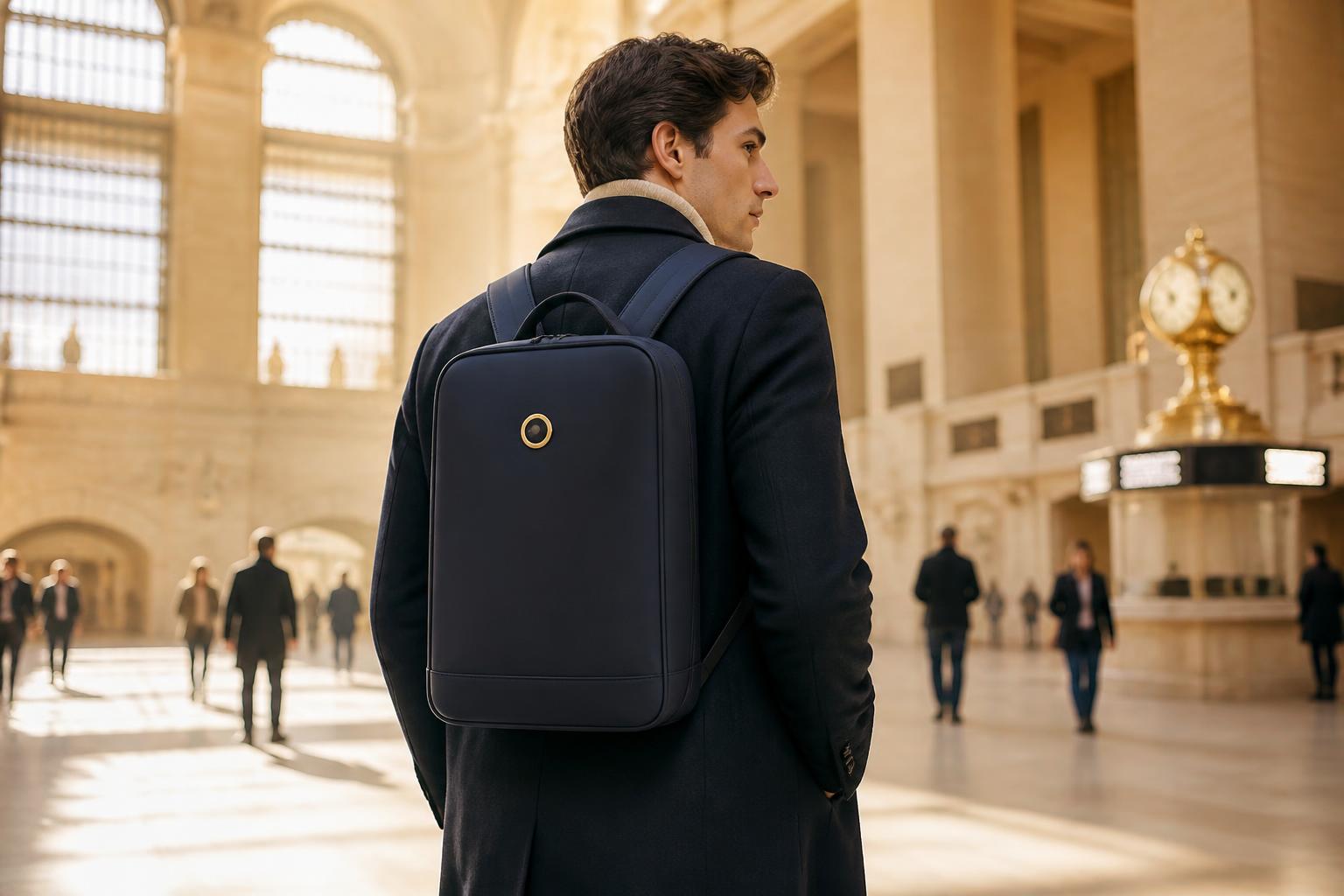 Premium work backpack with small integrated lens and paired app