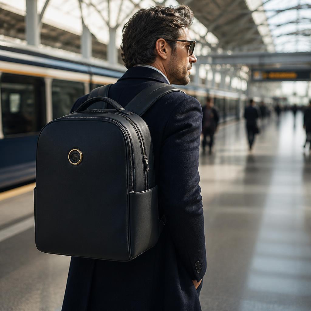 Commuter with BagCam-integrated backpack checking the Live View on the app